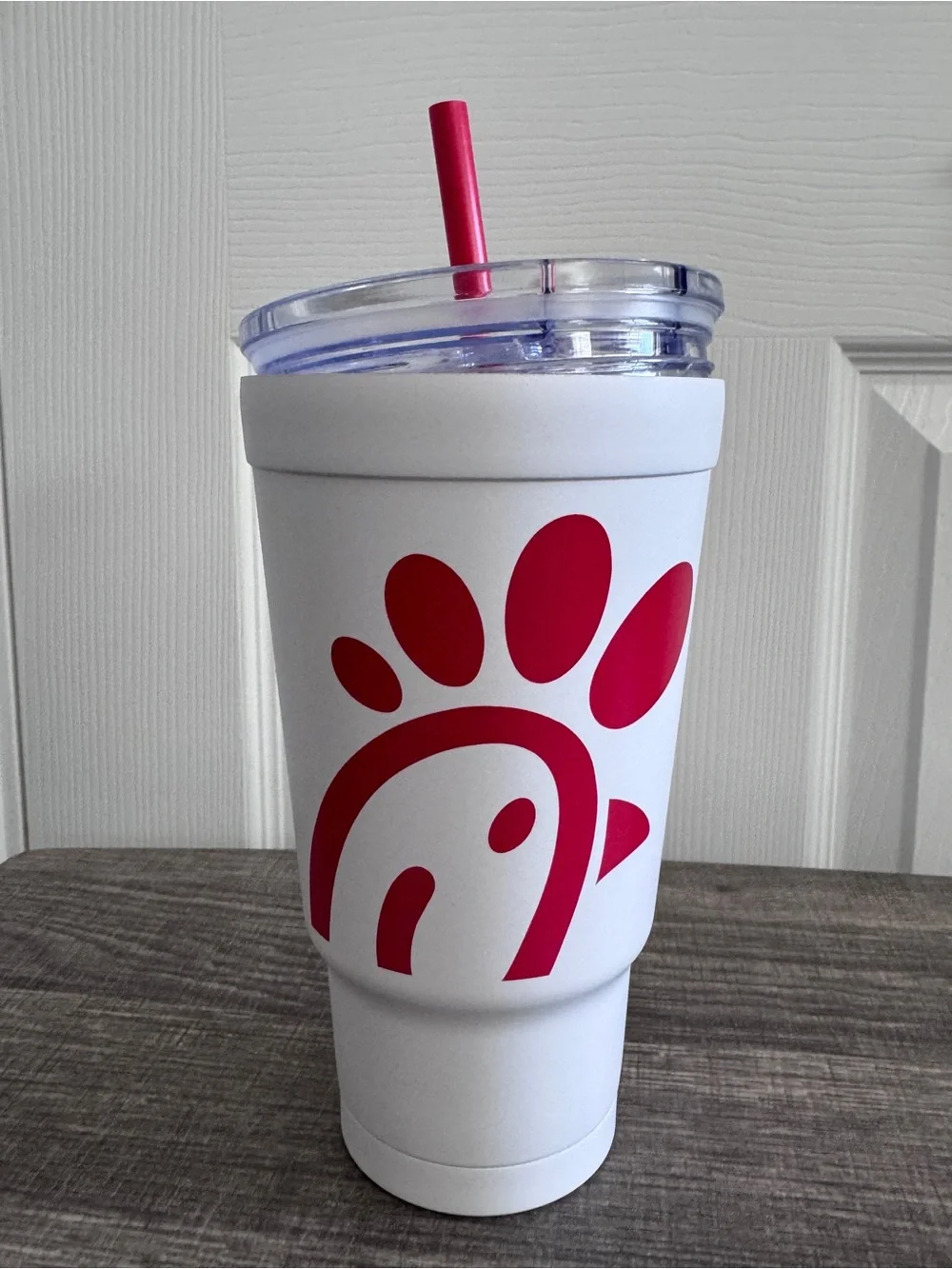 White Tumbler with Pink Logo and Straw - Insulated Travel Cup